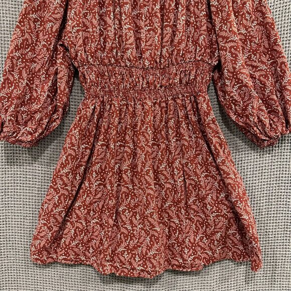 Madewell Dress Womens 6 Burgundy Paisley V-Neck Smocked Waist Long Sleeve Mini - Picture 8 of 11
